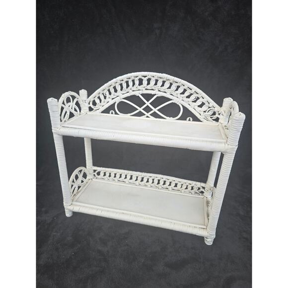 Vintage White Wicker Two-Tier Shelf 18x16x8 Boho Cottagecore Decor - Picture 1 of 3